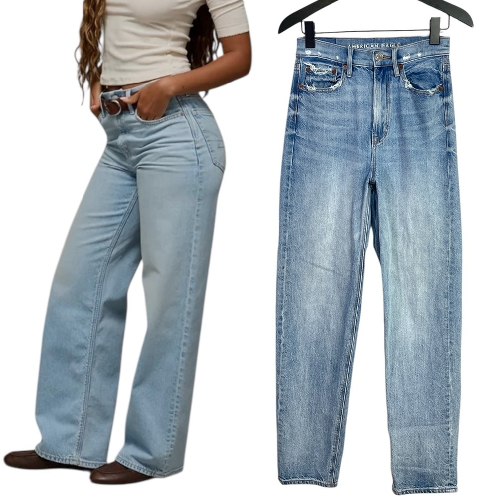 American Eagle High Waist Baggy Straight Jean size 00 in Light Wash